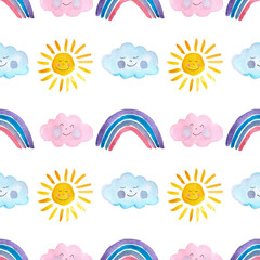 Obraz premium seamless pattern of cute sun, clouds and rainbow, hand painted primitive art. Summer, birthday or Easter concept. Repetitive weather motif