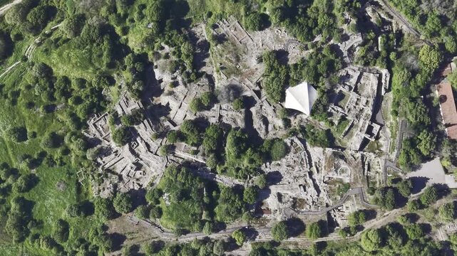 Aerial Drone View of Ancient Troy Archaeological Site in Canakkale Turkey UNESCO World Heritage Site