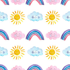 Naklejka premium seamless pattern of cute sun, clouds and rainbow, hand painted primitive art. Summer, birthday or Easter concept. Repetitive weather motif