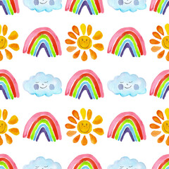 Obraz premium seamless pattern of cute sun, rainbow, clouds with faces. Hand painted primitive art. Summer, birthday or Easter concept. Repetitive weather motif