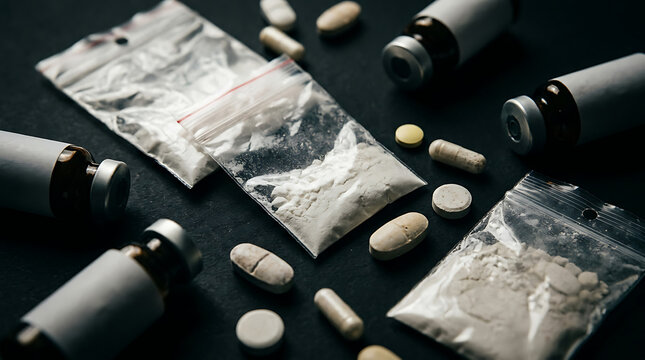 Close-up of various scattered pills, capsules, and powdered substances in plastic bags and vials on a dark surface, symbolizing drug abuse and addiction