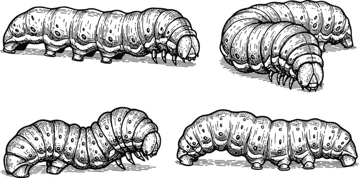 Four different caterpillar larvae clinging to a textured surface in a detailed line drawing style