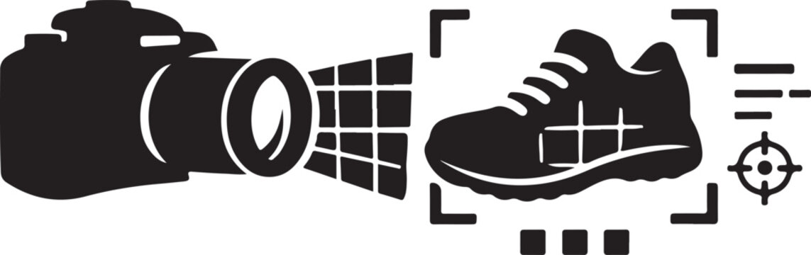 Ai camera lens focusing on a shoe, symbolizing object recognition and artificial intelligence in photography, lens flare