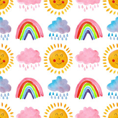 Obraz premium seamless pattern of cute rainbow, rain clouds, suns with faces. Hand painted primitive art. Summer, birthday or Easter concept. Repetitive weather motif