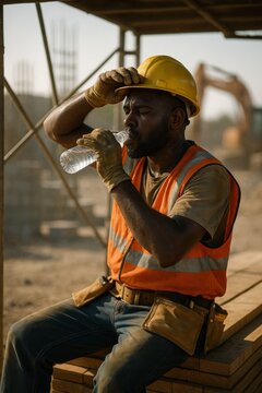 A tired Black man in a yellow hard hat and orange safety vest takes a break from construction work during a summer heatwave, drinking water.