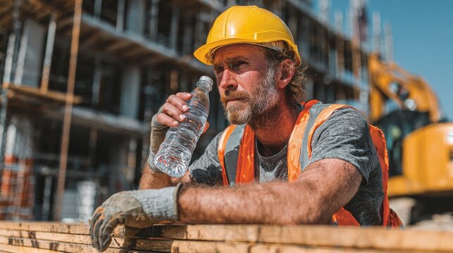 A tired Caucasian man with curly hair drinks water during a break at a construction site in hot summer weather. He wears a yellow hard hat and safety vest.