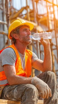 A tired Caucasian man in a yellow hard hat and orange vest drinks water during a summer heatwave at a construction site. He appears exhausted and sweaty.