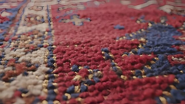 Closeup of a colorful woven rug with intricate patterns and textures.