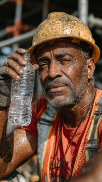 Exhausted African man in a hard hat takes a break during a summer heatwave. He holds a water bottle, showing signs of sweat and fatigue