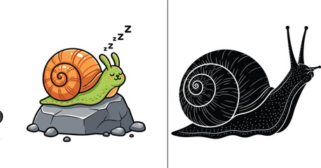 Cute sleeping snail cartoon on rock with detailed silhouette version, adorable nature illustration combining playful character and artistic black ink style design © MstLinaAkter