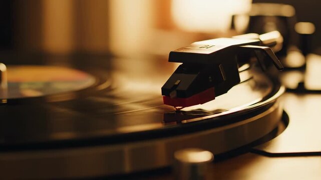 Turntable Playing Vinyl Record Closeup in Warm Light
