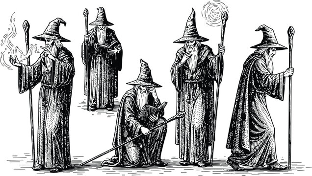 Group of five wizards in flowing robes and pointed hats holding staffs during a magical gathering with arcane energy
