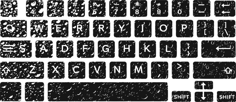 Grungy keyboard keys with water drops during a storm for digital design elements