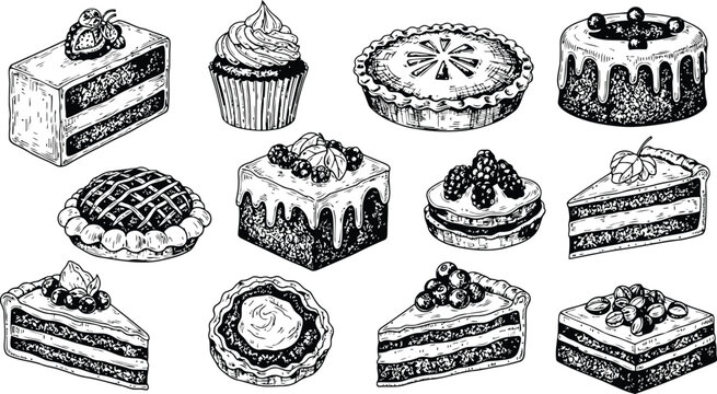 Hand Drawn Assortment of Sweet Baked Desserts in Sketch Style for Culinary Graphics