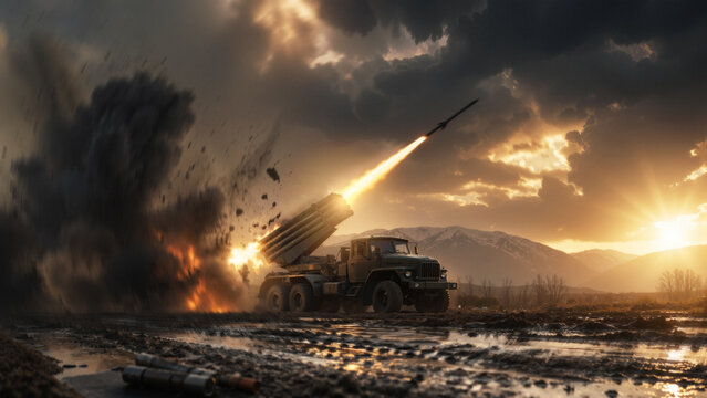 Multiple Rocket Launcher Firing Missile During Military Combat Operation at Dramatic Sunset