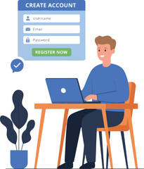 Fototapeta premium illustration of a smiling man sitting at a desk and using a laptop to register for an online service