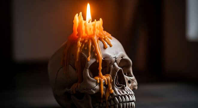 Skull with melting candle on top.