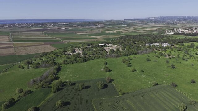 Aerial Drone View of Ancient Troy Archaeological Site in Canakkale Turkey UNESCO World Heritage Site