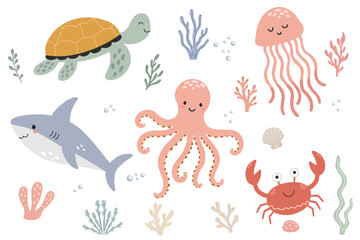 Set of marine animals featuring sea turtle jellyfish shark octopus and crab with coral and seaweed elements on white background © Jennie