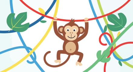 A monkey hanging from a red rope © Sakimu