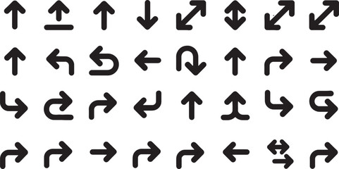 Fototapeta premium Black arrow icons set showing various directions and turns for navigation user interface and design. Vector Illustration