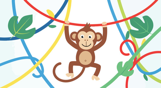 A monkey hanging from a red rope