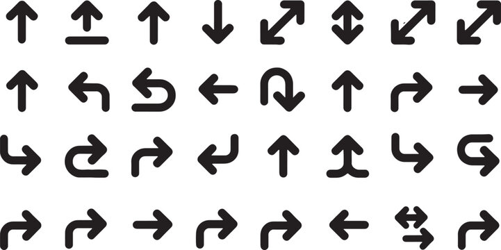 Black arrow icons set showing various directions and turns for navigation user interface and design. Vector Illustration