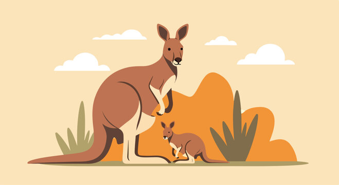 A mother kangaroo and her joey in a desert landscape