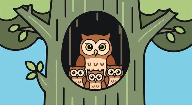 A mother owl and her owlets in a tree