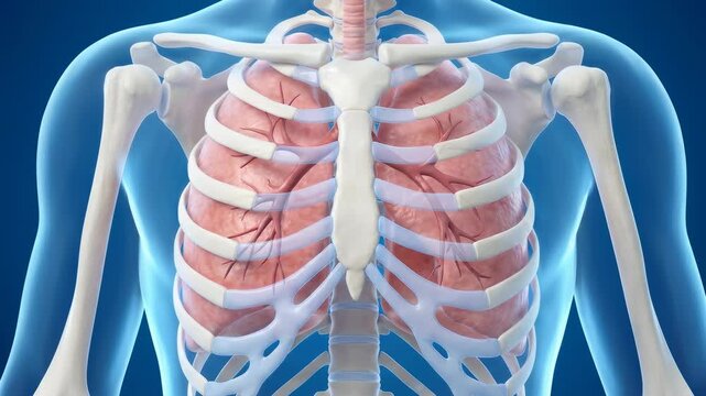 Detailed 3D transparent human body with futuristic interface scanning lungs, on blue background, loop-ready animation, medical technology concept, 4K video