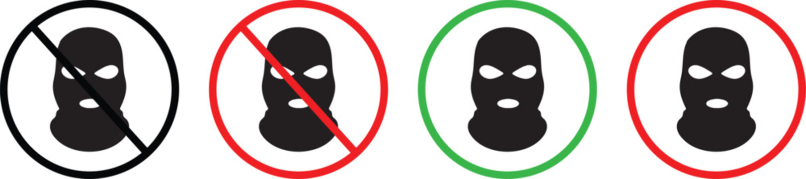No balaclava or face mask entry sign, forbidden criminal mask icon set, vector safety symbol.