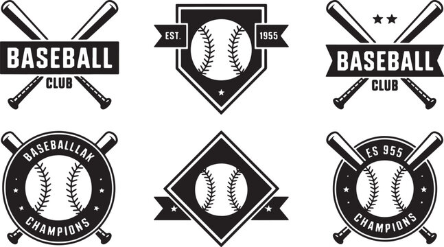 Baseball emblems with crossed bats and balls vintage design elements on checkered background. Vector Illustration