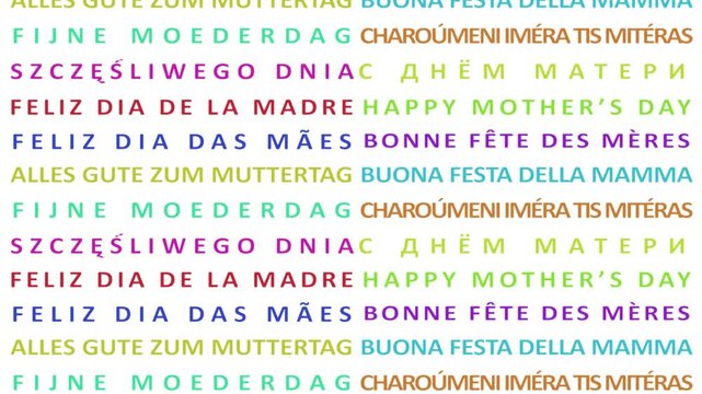 A vibrant multilingual seamless animated video featuring the phrase Happy Mothers Day in colorful motifs with scrolling down effect