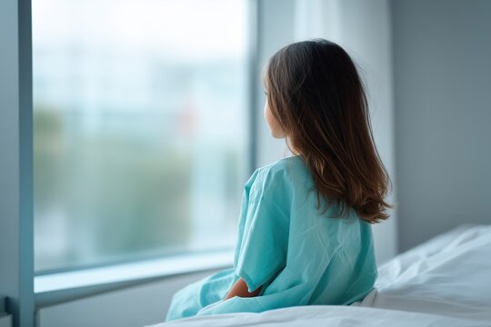 Young girl patient sitting on hospital bed looking through window, child in clinic room during treatment stay for pediatric healthcare and recovery content