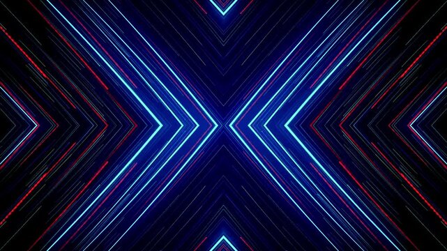 Blue neon X patterns flash with red light streaks and glowing particles in a futuristic grid.