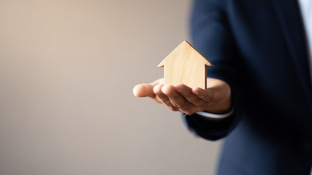 Businessman holding small house model on hand for real estate services, property investment and home ownership for mortgage advertising and housing market promotion