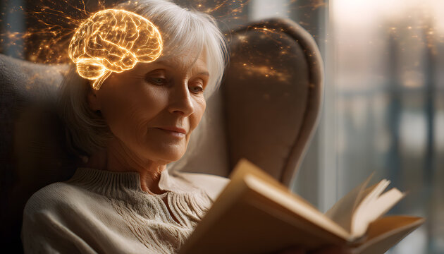 As an elderly woman reads a book, a hologram of her brain appears, which is beneficial for active aging, cognitive health, memory improvement, and brain fitness.