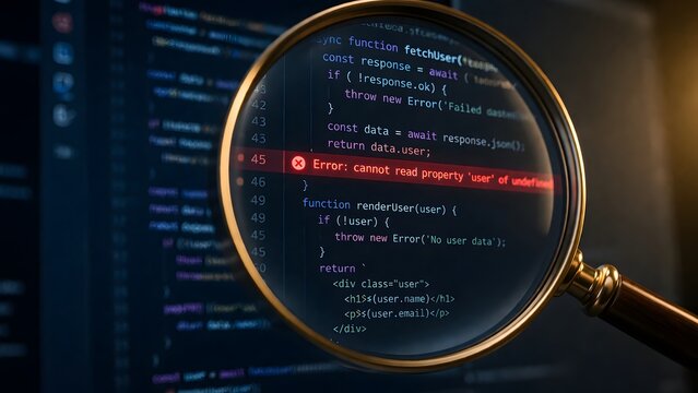 Close up view of a magnifying glass inspecting a red software code error message on a computer screen