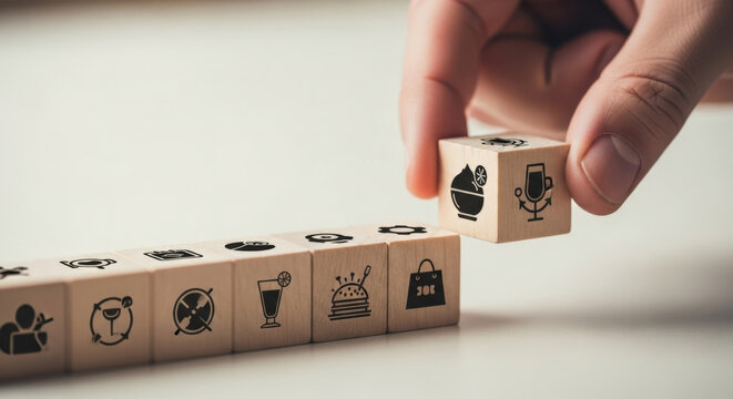 Hand Putting Wooden Block With Food And Drink Icon Catering Beverage Dine Gourmet Healthy Lifestyle Choice Delicious Quality