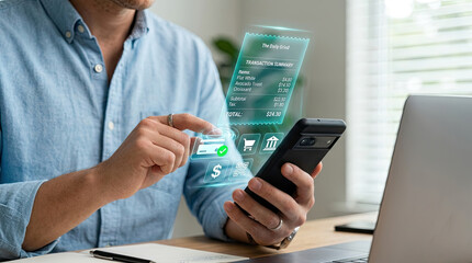 Fototapeta premium Man using smartphone for online shopping with holographic interface.
