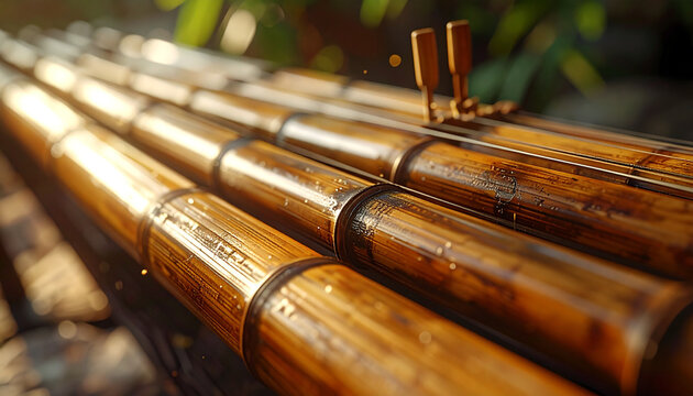 Close up of a traditional bamboo musical instrument with detailed texture