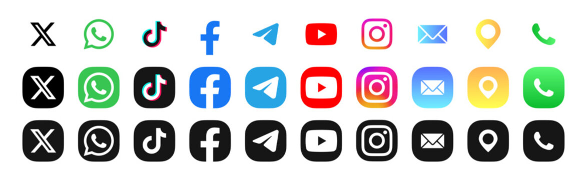 Latest updated social media network logo icon vector set 2025. Reddit, facebook, instagram, tiktok, X , linkedin, whatsapp, youtube, telegram, snapchat, pinterest