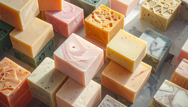 Colorful artisan soaps displayed closeup