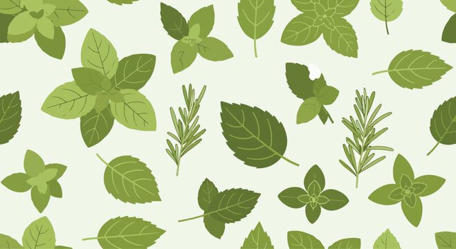 A pattern of various green leaves on a light green background