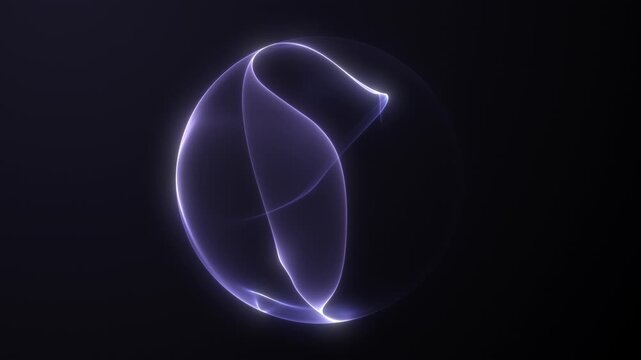 Minimal monochrome purple luminous sphere orb form. Soft white neon glow with fluid waveform motion. Abstract soft violet smooth energy structure dark space backdrop. Seamless loop elegant digital tec