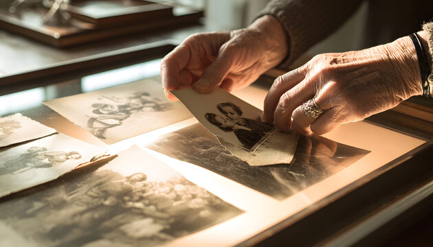 Hands carefully arrange old photos on the scanner bed. The person digitizes vintage paper prints, preserving history. Modern technology captures past images for a digital archive.