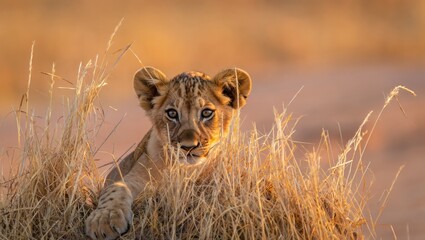 Obraz premium Curious Lion Cub Peeking in Golden Grass