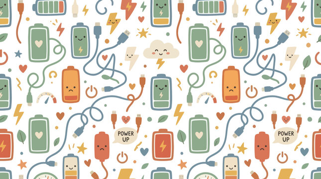 Cute Battery Characters and Charging Cables Seamless Pattern, Technology Vector