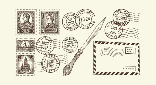 Vintage Postal Collection with Stamps Postmarks Letter Opener and Envelope Sketch Engraving Style