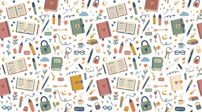 Cute Journaling Pattern with Pens, Locks, Keys, and Books